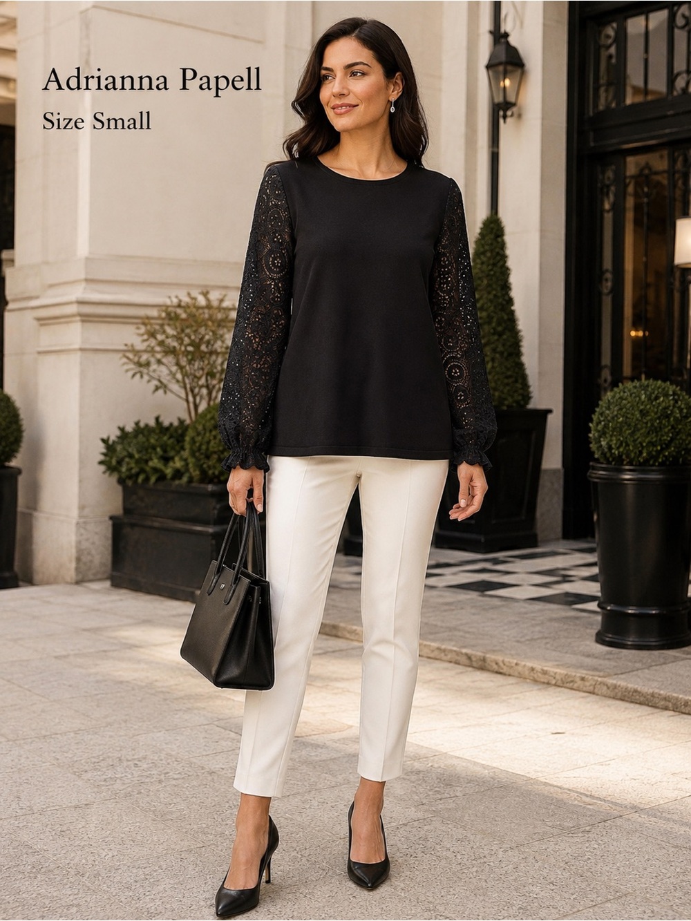 Adrianna Papell Black Floral Lace Balloon Sleeve Knit Top Small